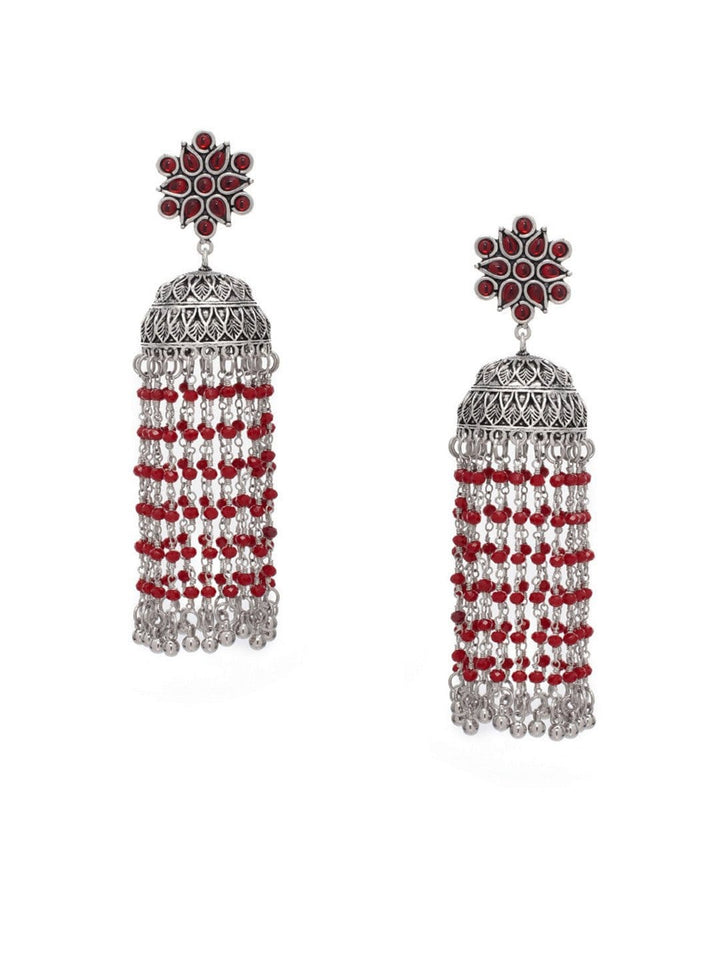 Rubans Oxidised Silver Plated Handcrafted Embossed Fusion Embellished With Ruby Beads Jhumka Earrings Earrings