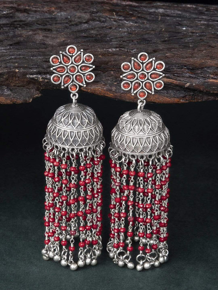 Rubans Oxidised Silver Plated Handcrafted Embossed Fusion Embellished With Ruby Beads Jhumka Earrings Earrings