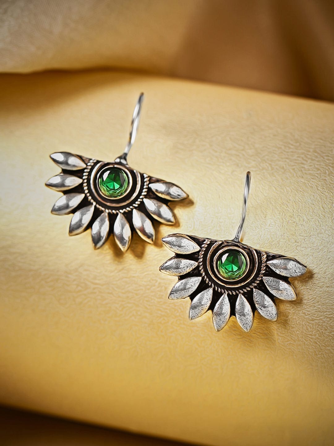 Rubans Oxidised Silver Plated Handcrafted Green Stone Drop Earrings Earrings