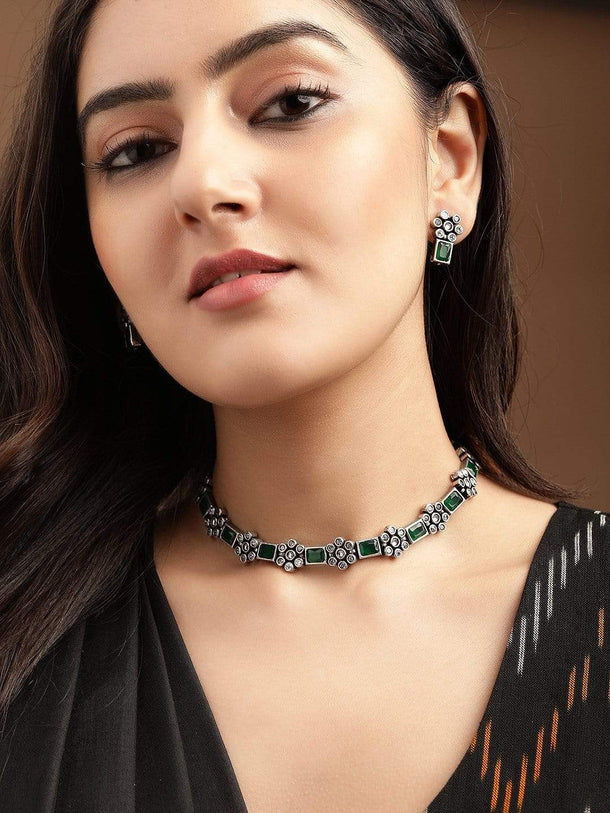 Rubans Oxidised Silver Plated Handcrafted Green Stone Floral Necklace Set Necklace Set