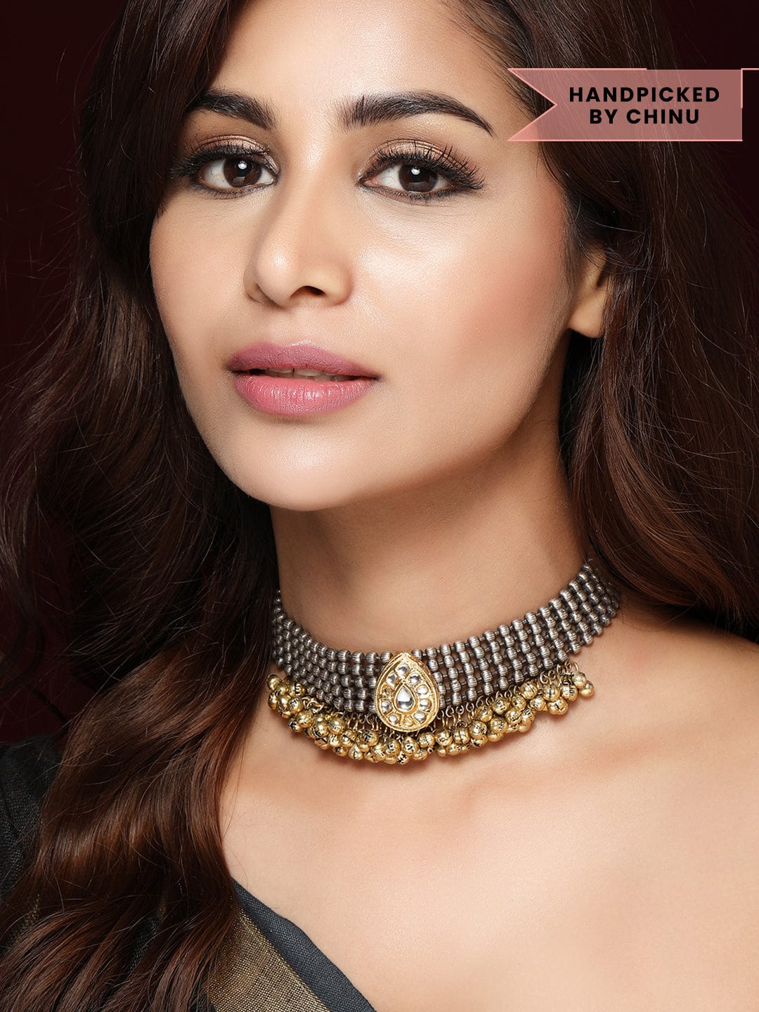Rubans Oxidised Silver Plated Handcrafted Kundan with Gold Ghungru Choker Chain & Necklaces
