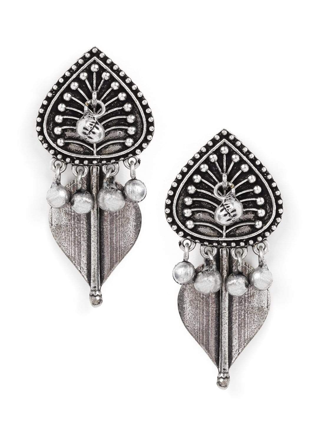 Rubans Oxidised Silver Plated Handcrafted Leaf Shape with Ghungroo Drop Earrings Earrings