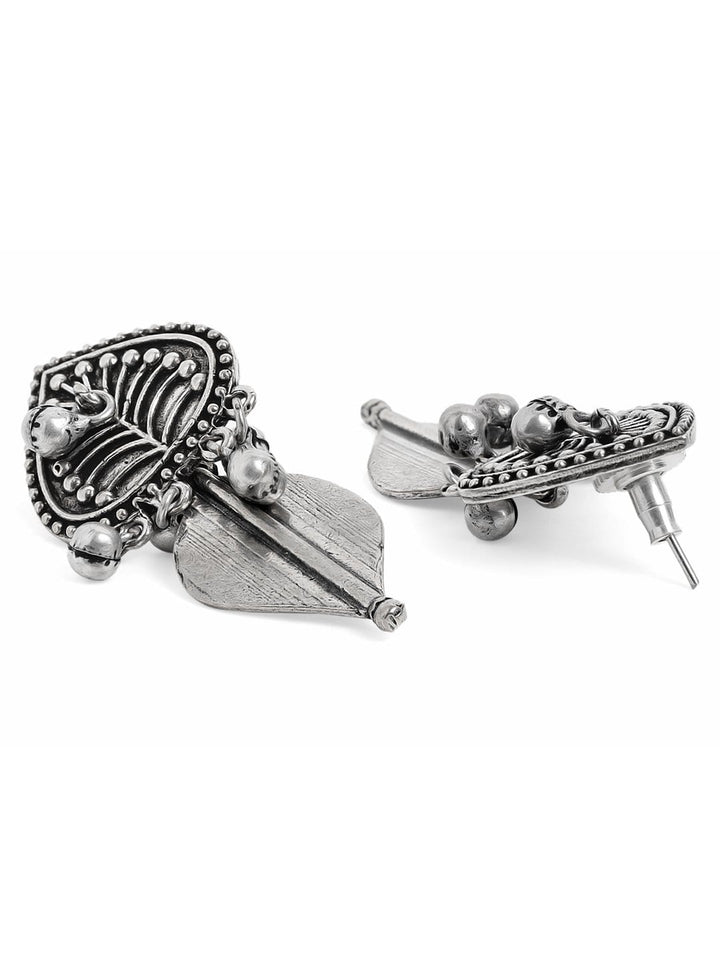 Rubans Oxidised Silver Plated Handcrafted Leaf Shape with Ghungroo Drop Earrings Earrings