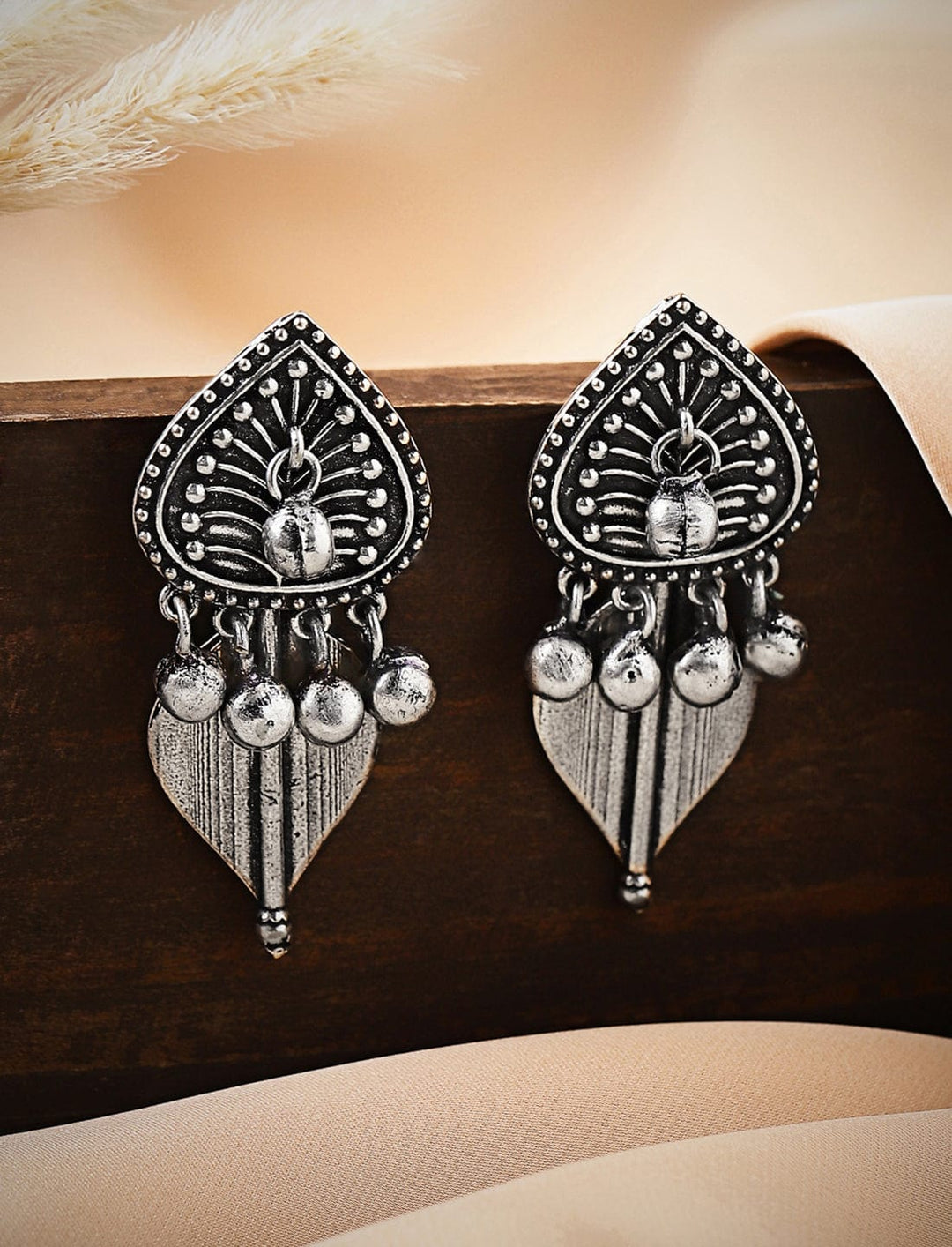 Rubans Oxidised Silver Plated Handcrafted Leaf Shape with Ghungroo Drop Earrings Earrings