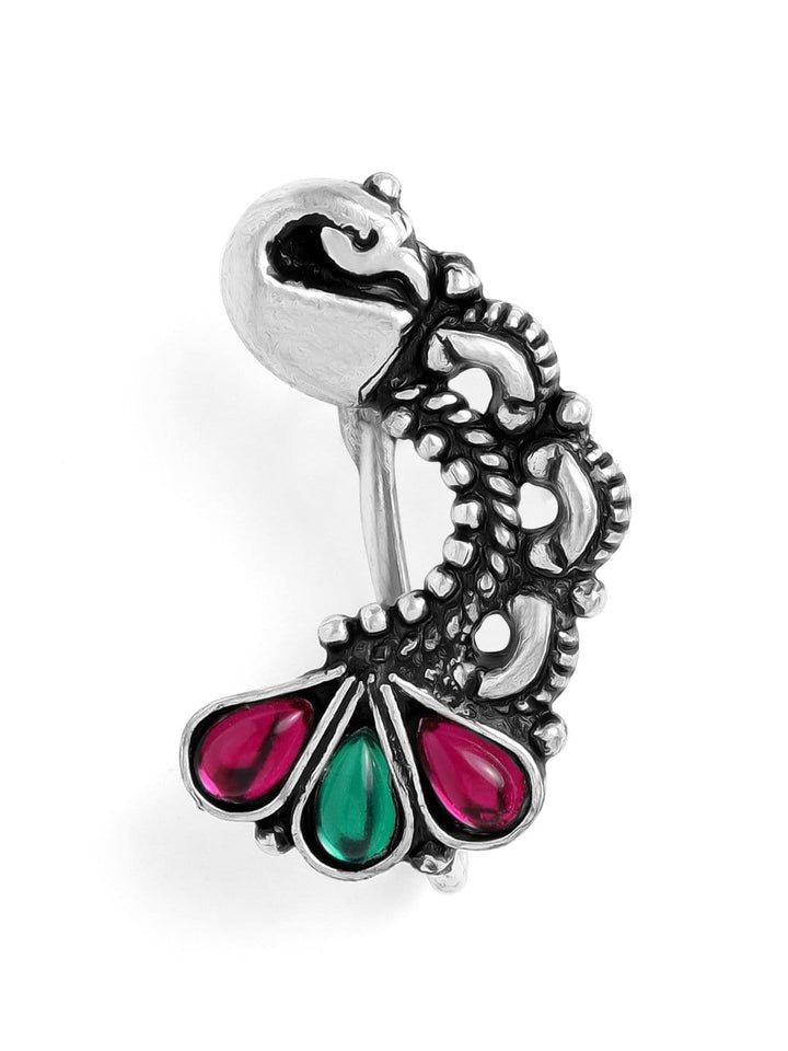 Rubans Oxidised Silver Plated Handcrafted Pink & Green Stone Peacock Nose Pin Nosepin