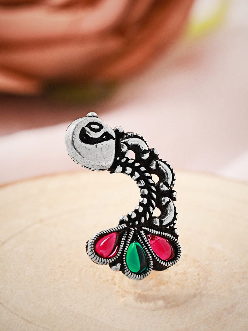 Rubans Oxidised Silver Plated Handcrafted Pink & Green Stone Peacock Nose Pin Nosepin