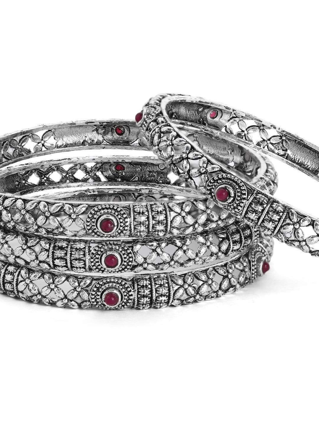 Rubans Oxidised Silver Plated Handcrafted Ruby Stone Filigree Set of 4 Bangle Set Bangles & Bracelets