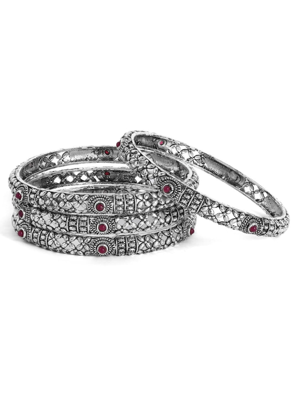 Rubans Oxidised Silver Plated Handcrafted Ruby Stone Filigree Set of 4 Bangle Set Bangles & Bracelets