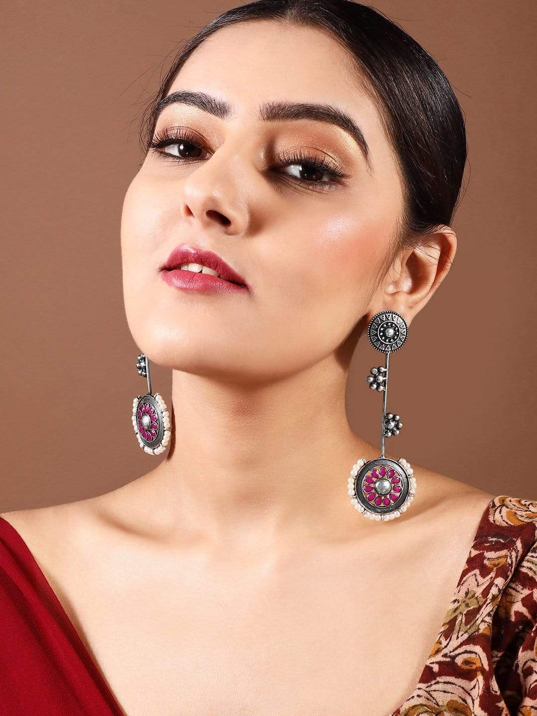 Rubans Oxidised Silver Plated Handcrafted Ruby Stone with White Pearls Drop Earrings Earrings