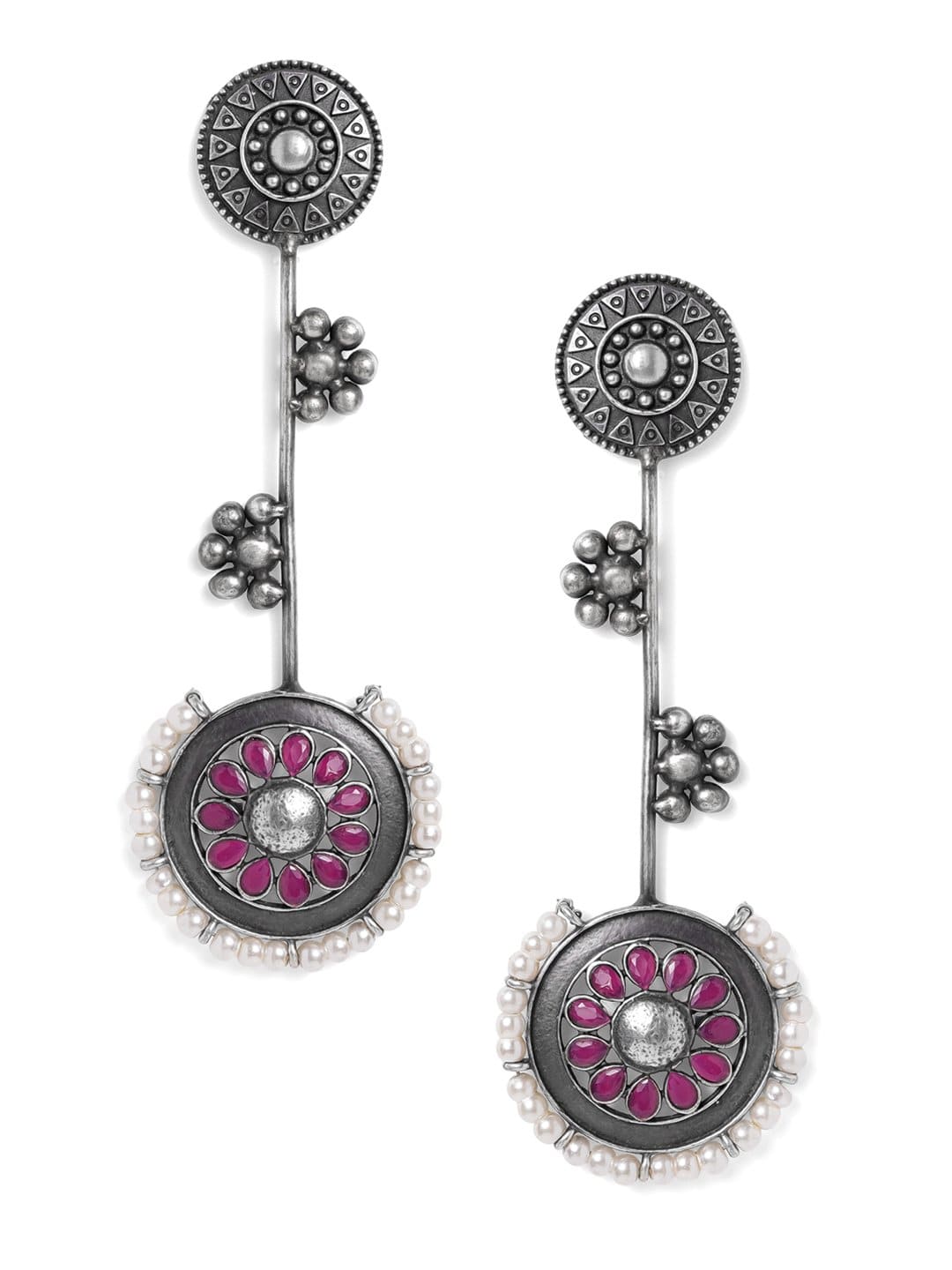 Rubans Oxidised Silver Plated Handcrafted Ruby Stone with White Pearls Drop Earrings Earrings