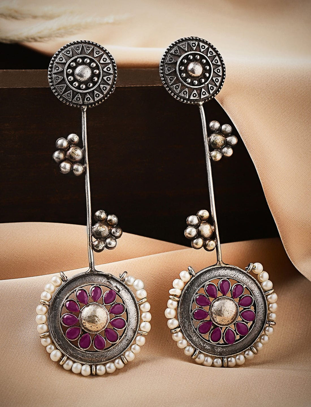 Rubans Oxidised Silver Plated Handcrafted Ruby Stone with White Pearls Drop Earrings Earrings