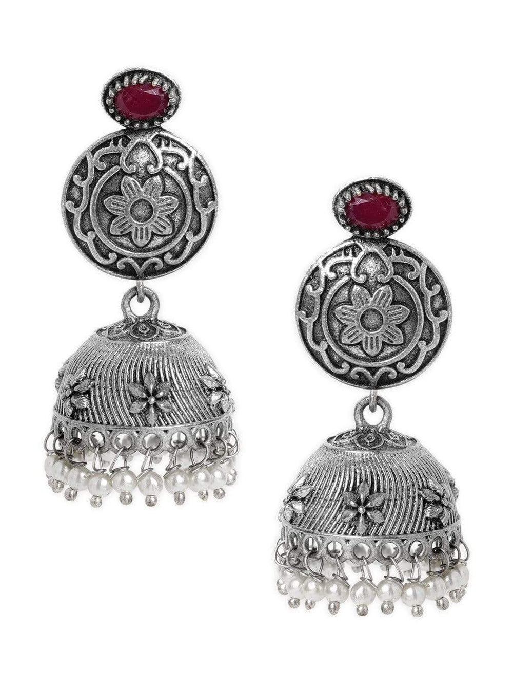 Rubans Oxidised Silver Plated Handcrafted Ruby Studded Filigree Jhumka Earrings Earrings