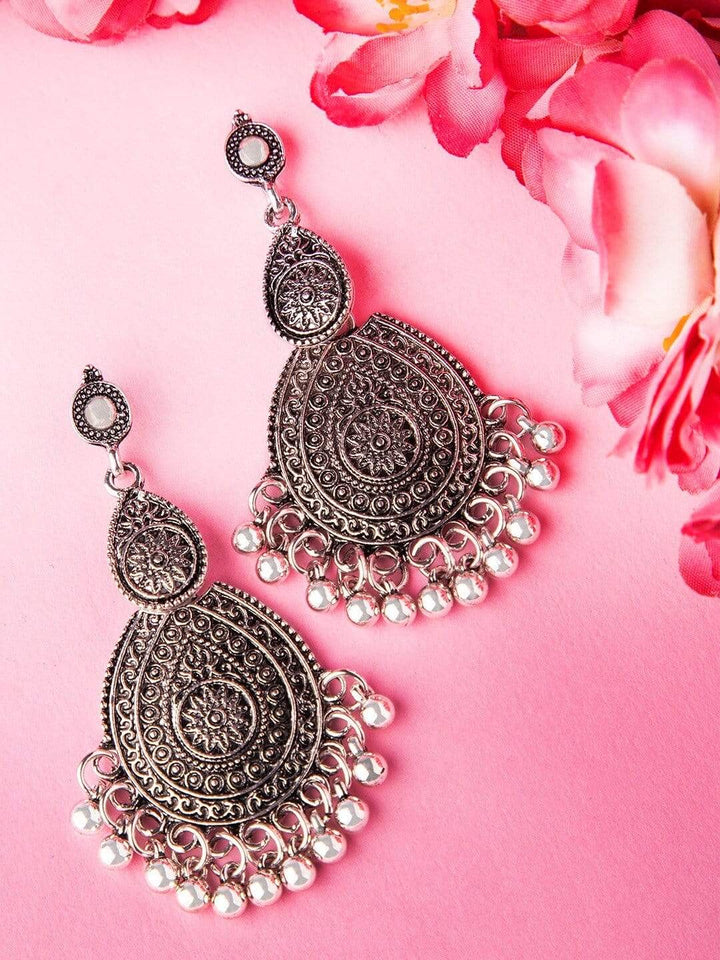 Rubans Oxidised Silver Plated Textured Statement Drop Earring Earrings