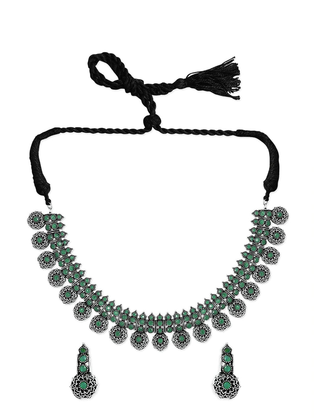 Rubans Oxidised Silver-tone Green Pearl Beaded Jewellery Set Necklace Set