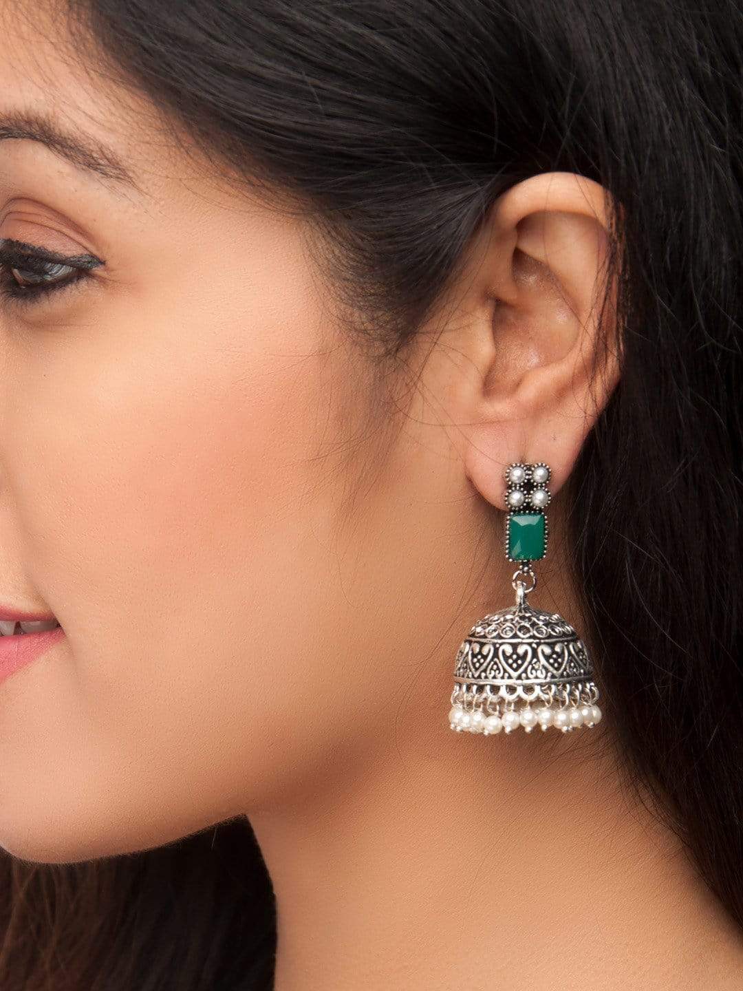 Rubans Oxidised Silver Toned Faux Emerald Studded Jhumka Earrings Earrings