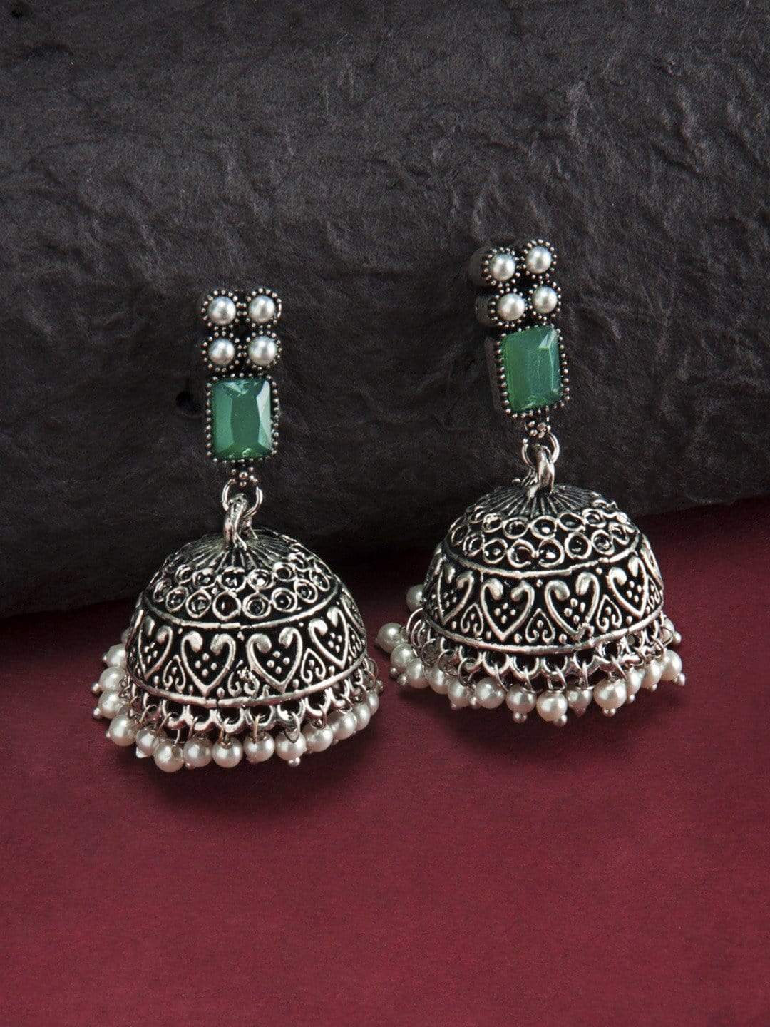 Rubans Oxidised Silver Toned Faux Emerald Studded Jhumka Earrings Earrings