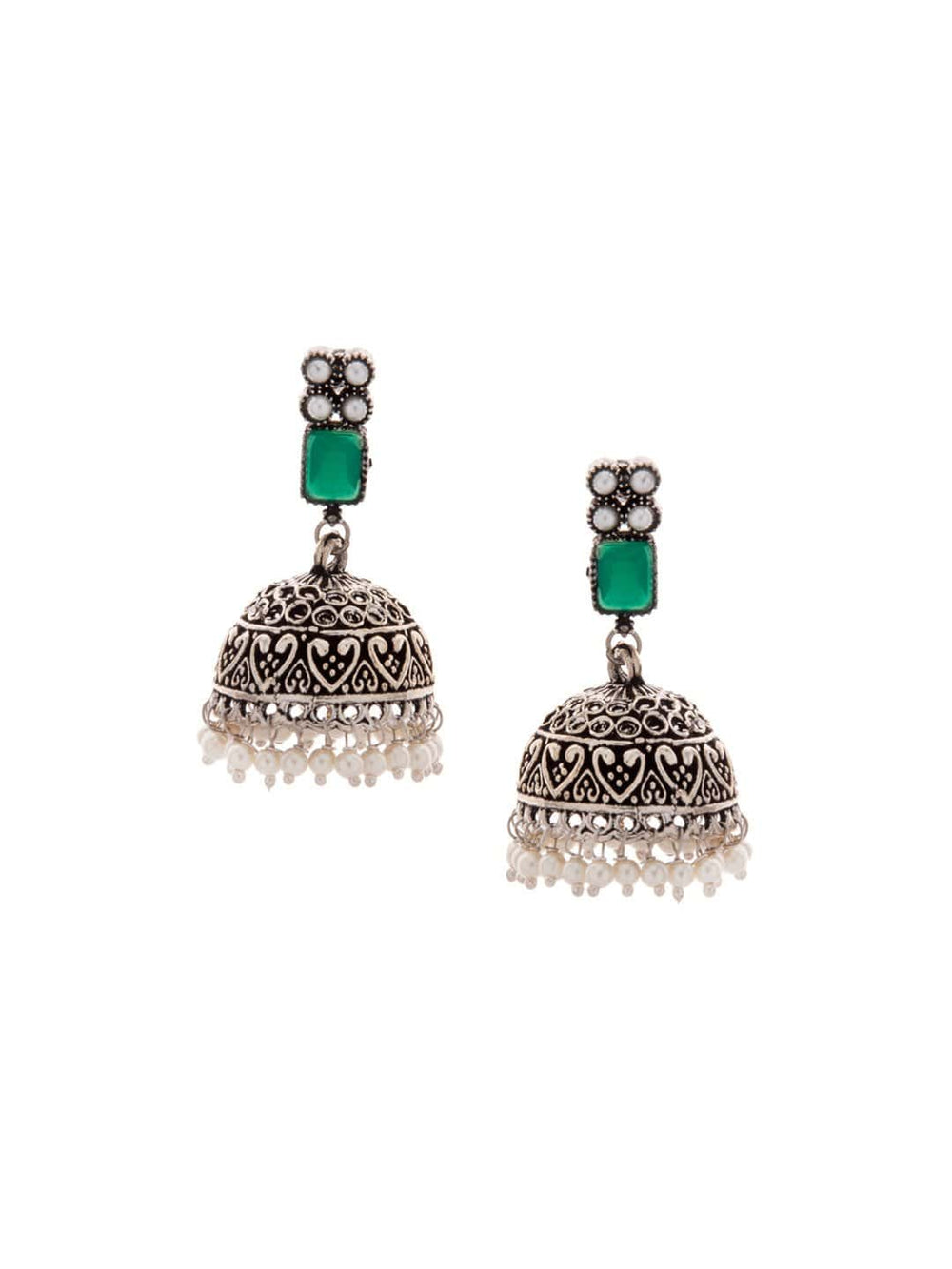 Rubans Oxidised Silver Toned Faux Emerald Studded Jhumka Earrings Earrings