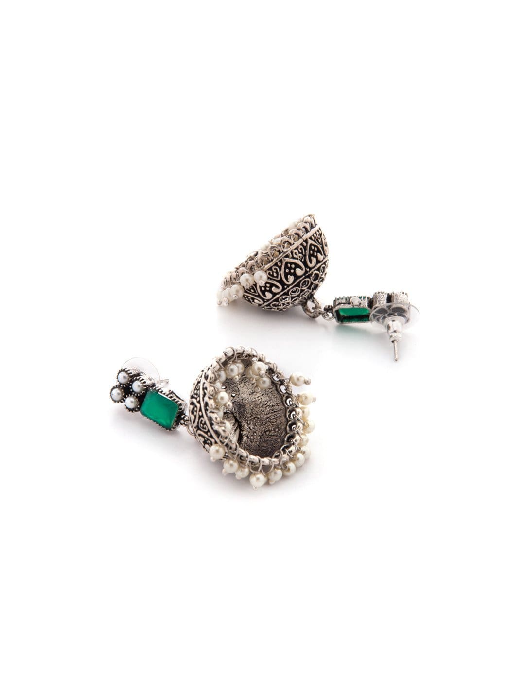 Rubans Oxidised Silver Toned Faux Emerald Studded Jhumka Earrings Earrings