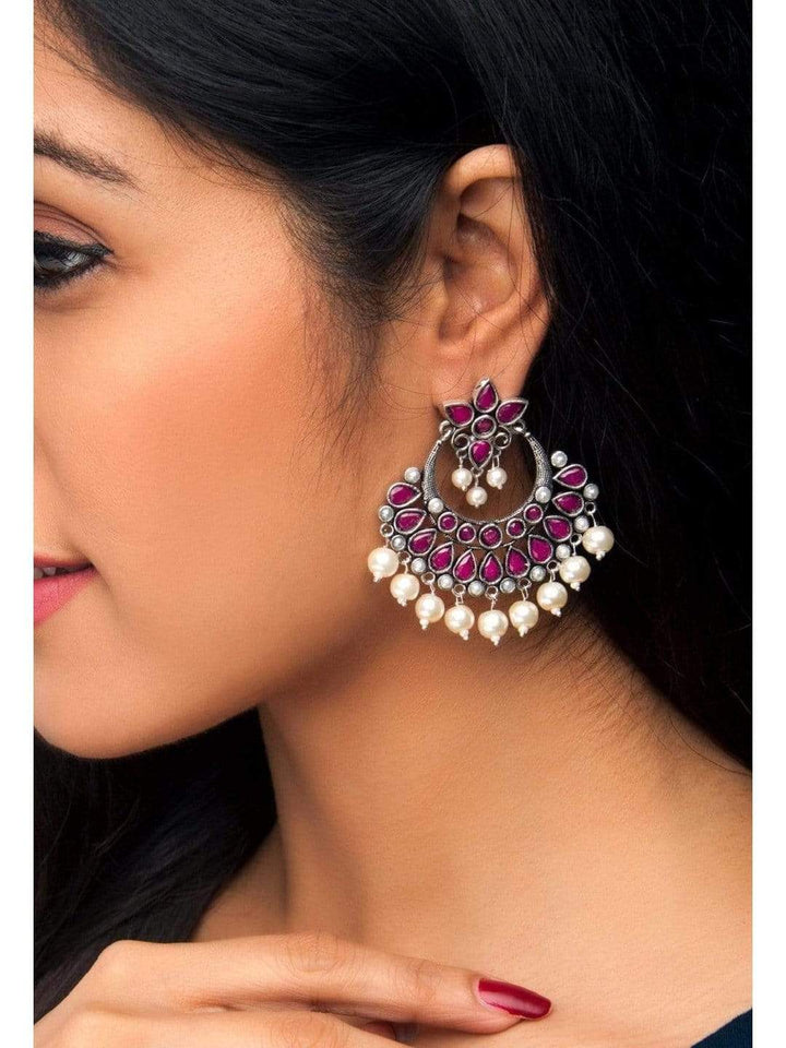 Rubans Oxidised Silver Toned Faux Ruby Studded Embellished With Pearl Chandbali Earrings Earrings