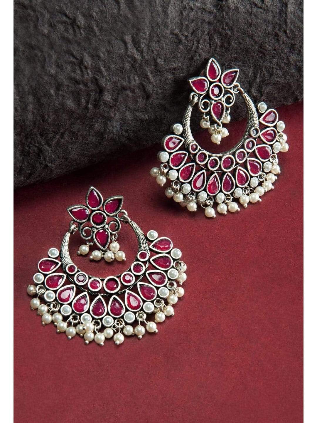 Rubans Oxidised Silver Toned Faux Ruby Studded Embellished With Pearl Chandbali Earrings Earrings