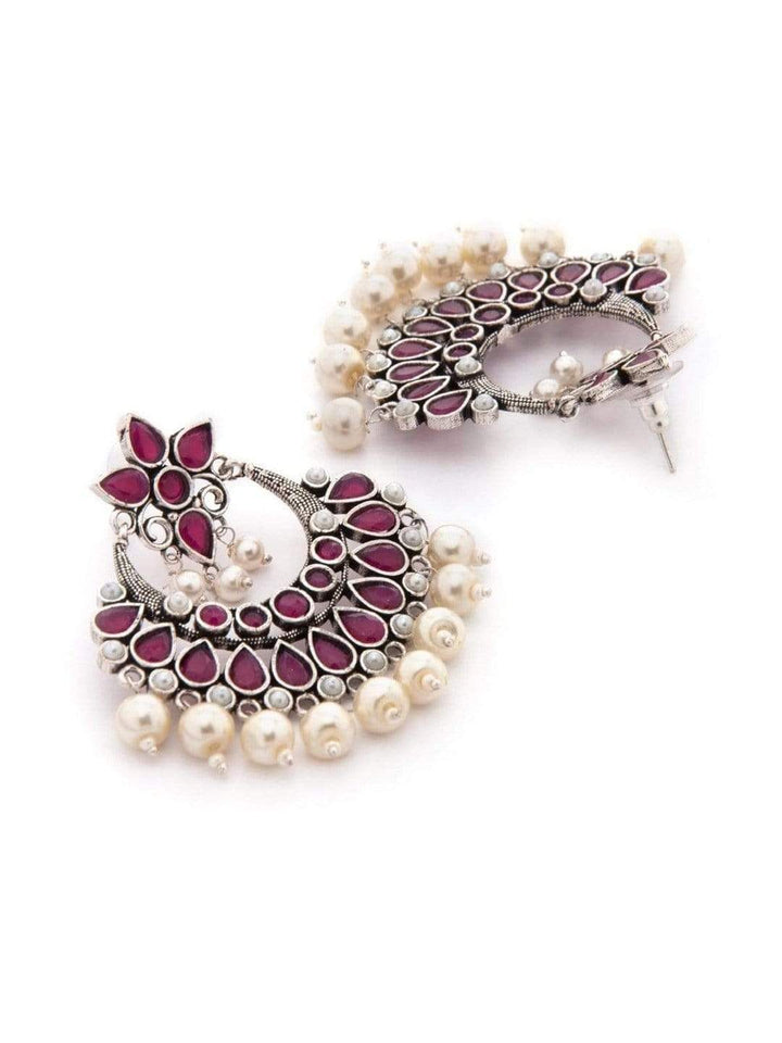 Rubans Oxidised Silver Toned Faux Ruby Studded Embellished With Pearl Chandbali Earrings Earrings