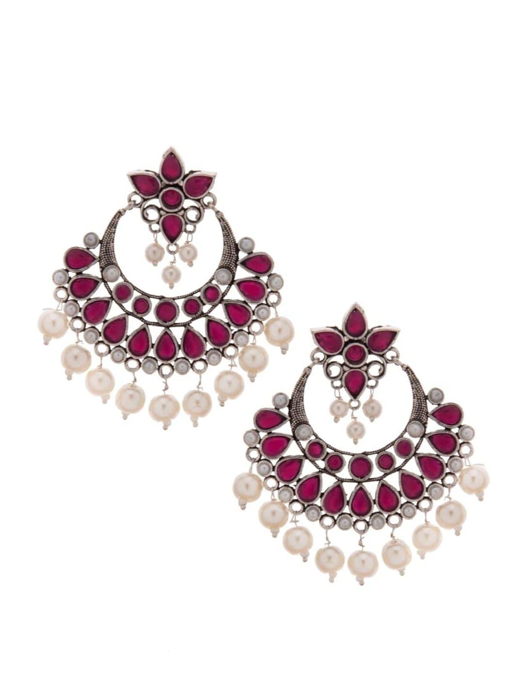 Rubans Oxidised Silver Toned Faux Ruby Studded Embellished With Pearl Chandbali Earrings Earrings