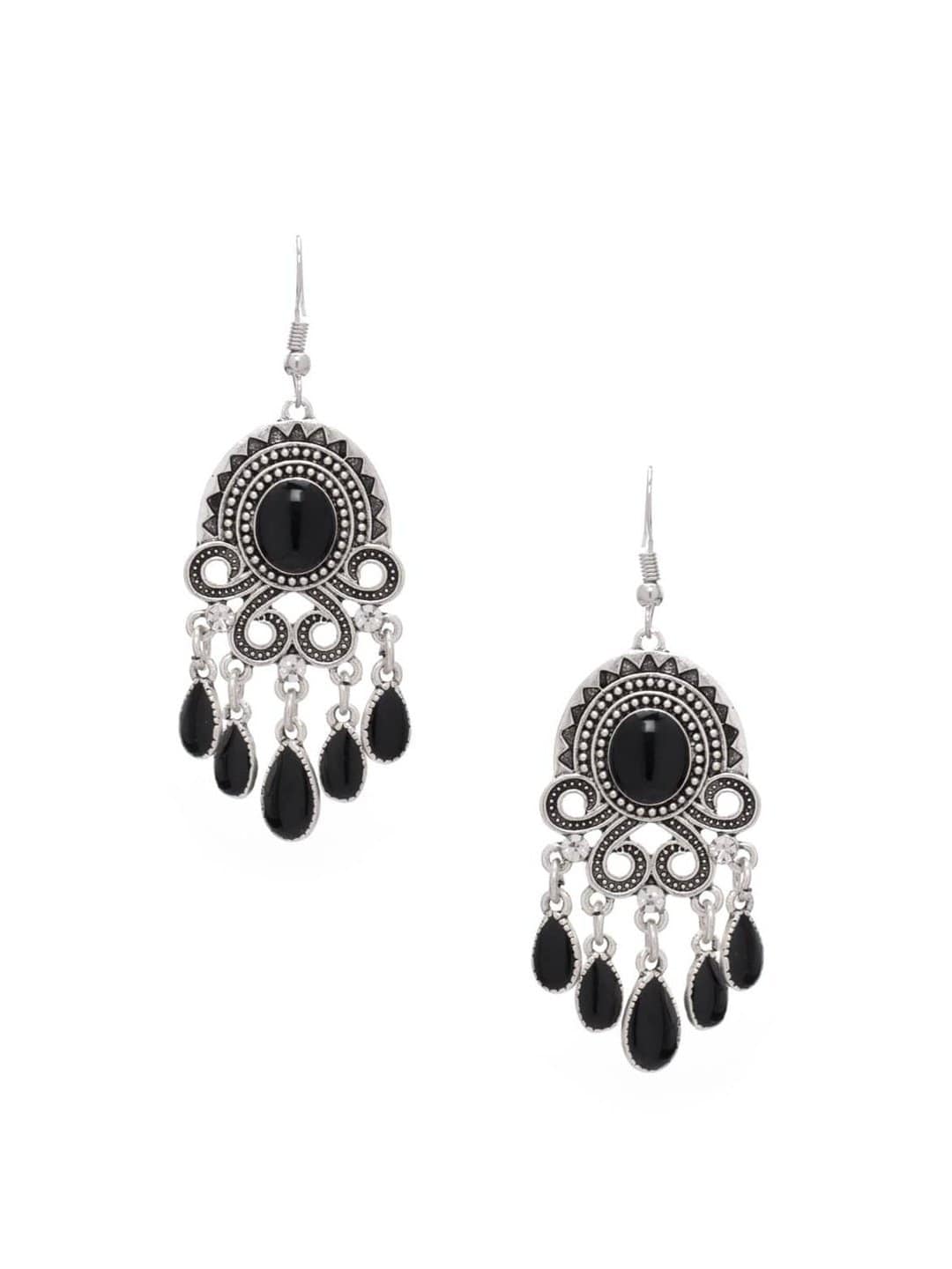 Rubans Oxidised Silver Toned Handcrafted Black Enamel Handpainted Drop Earrings Earrings