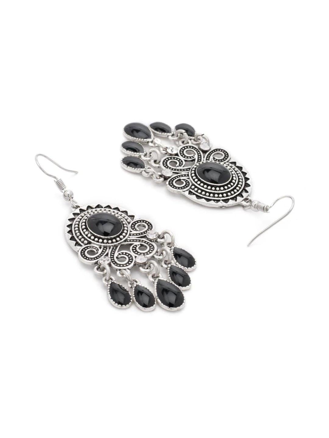 Rubans Oxidised Silver Toned Handcrafted Black Enamel Handpainted Drop Earrings Earrings