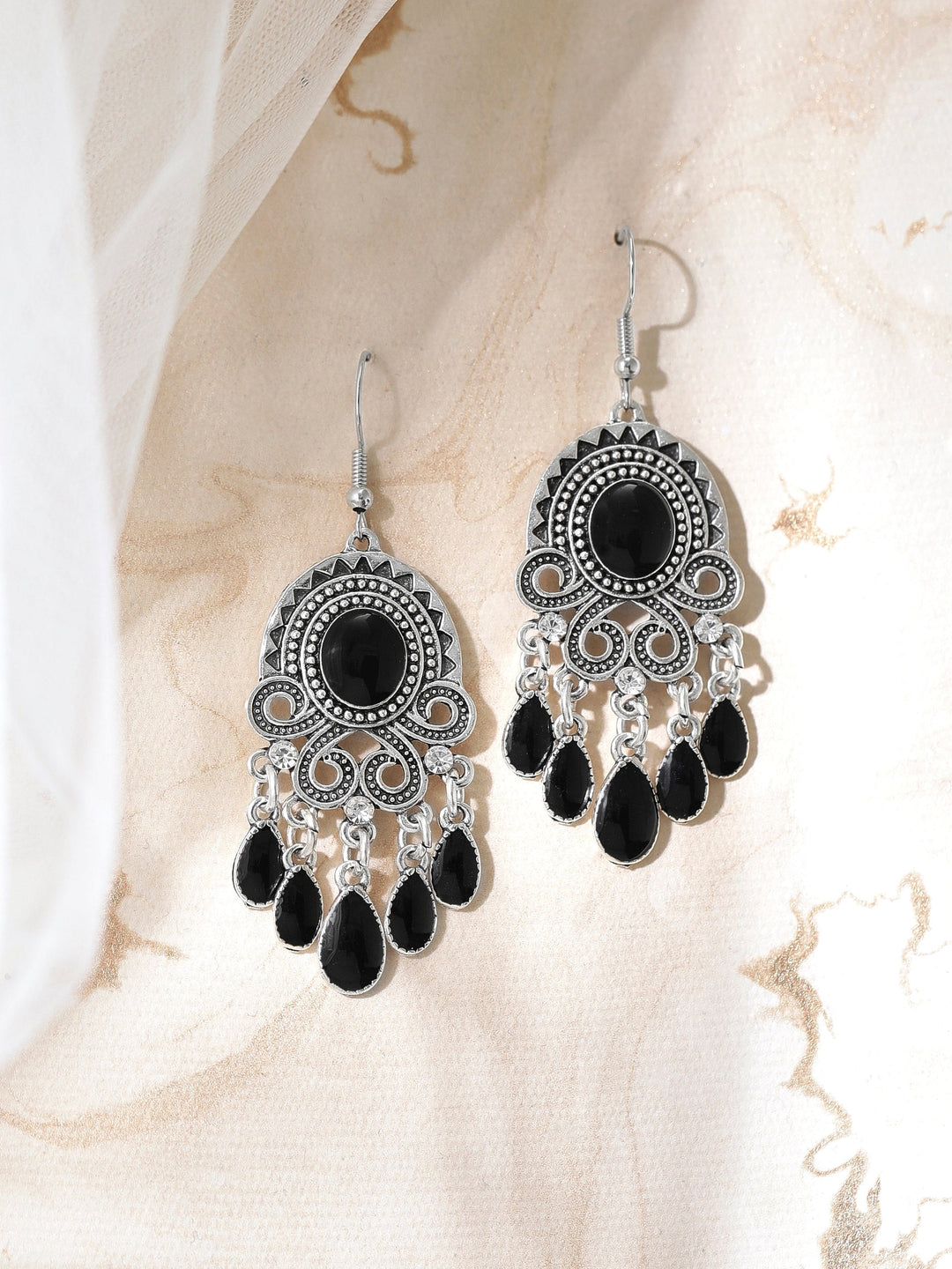 Rubans Oxidised Silver Toned Handcrafted Black Enamel Handpainted Drop Earrings Earrings