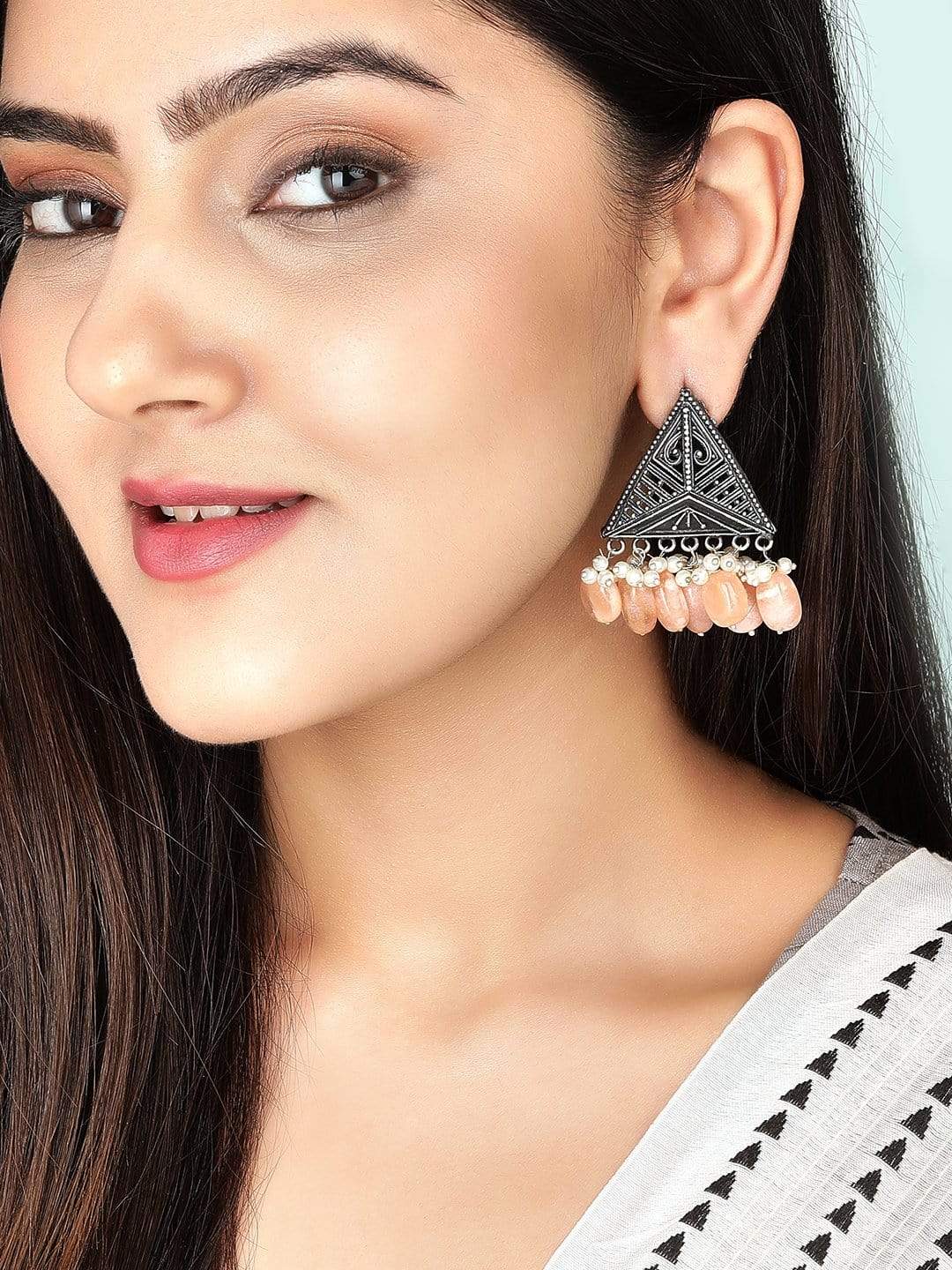 Rubans Oxidized Black Plated Earrings With Pink Beads Earrings