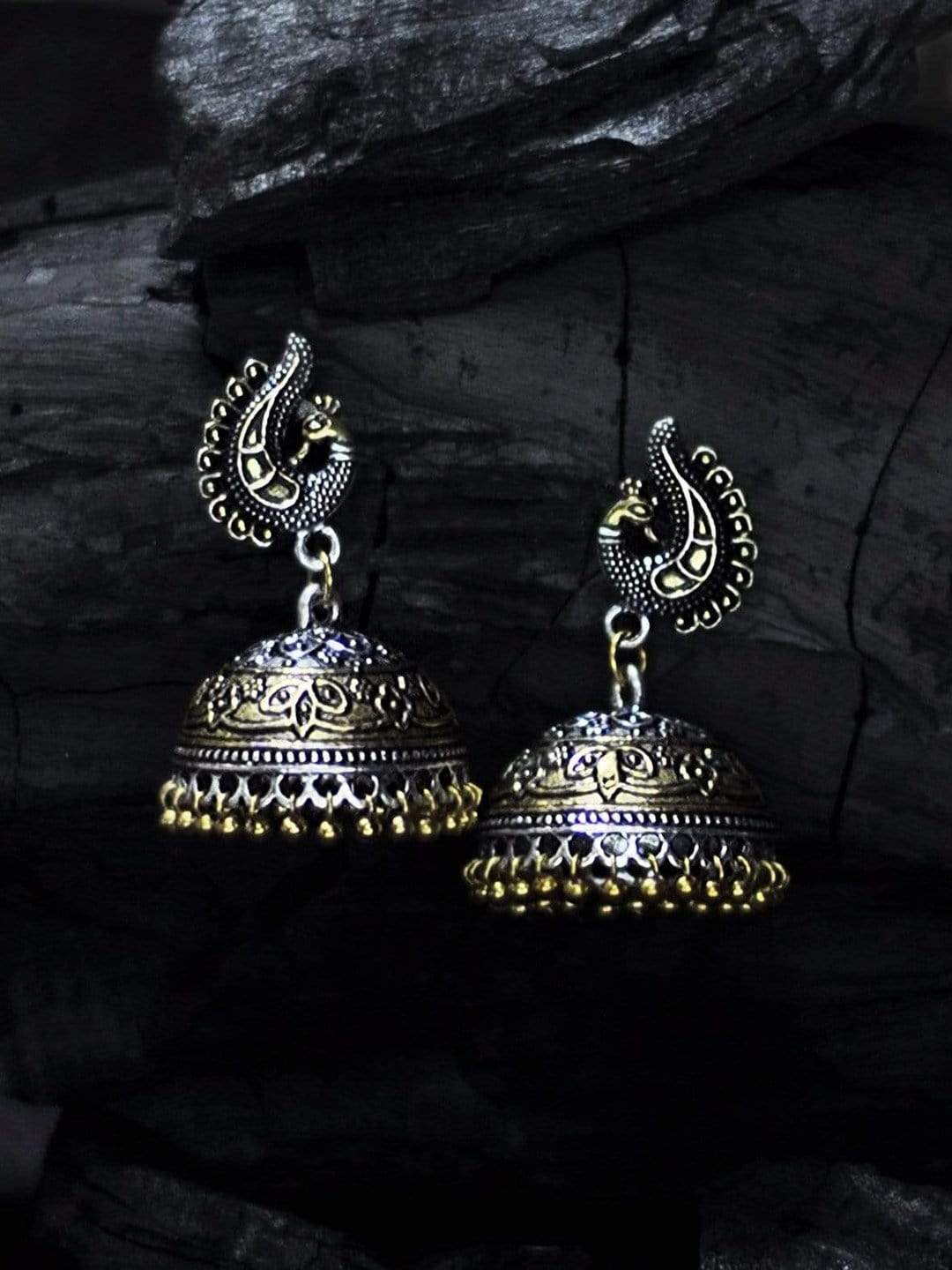 Rubans Oxidized Dual Tone Peacock Stud Metal Jhumki Earring Earrings