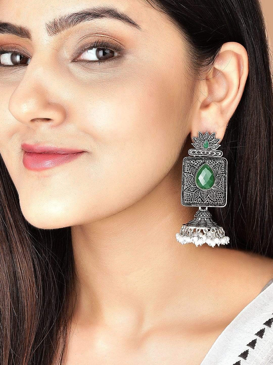 Rubans Oxidized Handcrafted Square Jhumka With Green Stone and White Pearls Earrings