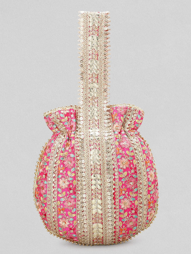 Rubans Pink And Golden Embroidered Potli Bag Handbag & Wallet Accessories