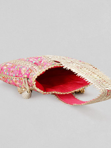Rubans Pink And Golden Embroidered Potli Bag Handbag & Wallet Accessories