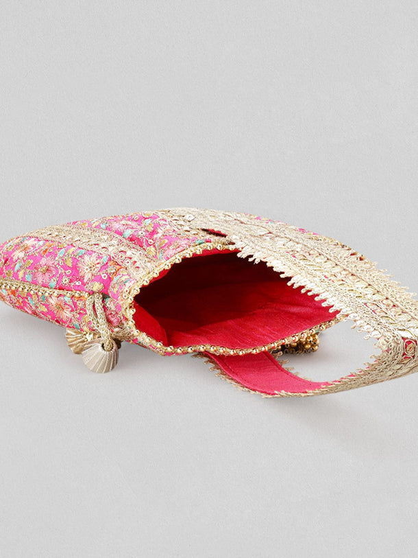 Rubans Pink And Golden Embroidered Potli Bag Handbag & Wallet Accessories