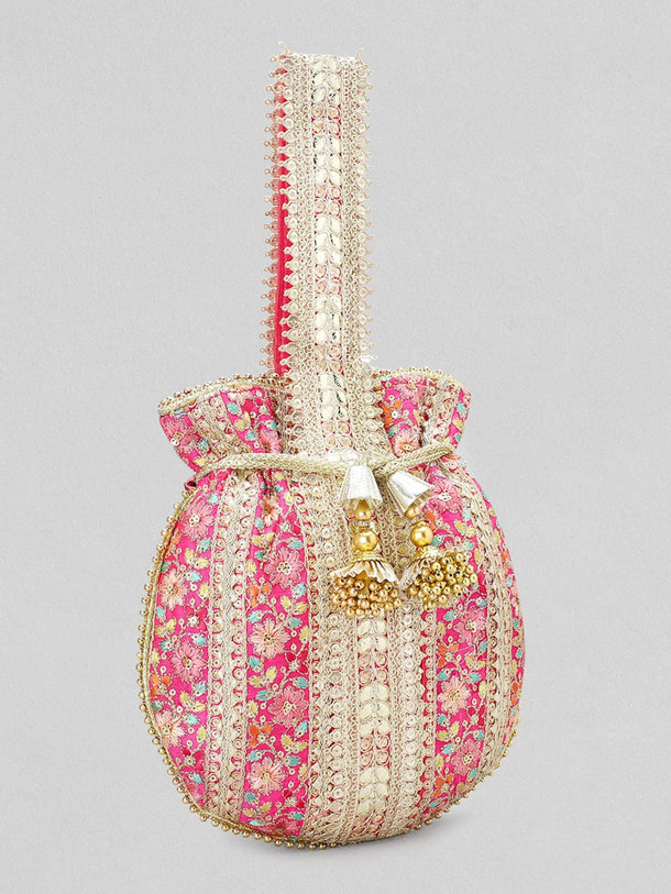 Rubans Pink And Golden Embroidered Potli Bag Handbag & Wallet Accessories