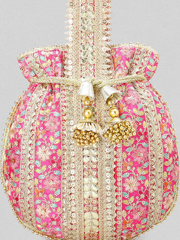 Rubans Pink And Golden Embroidered Potli Bag Handbag & Wallet Accessories