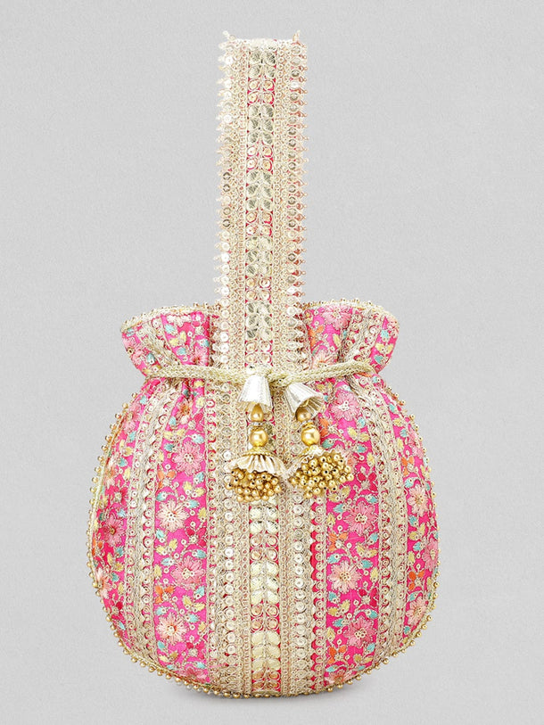 Rubans Pink And Golden Embroidered Potli Bag Handbag & Wallet Accessories
