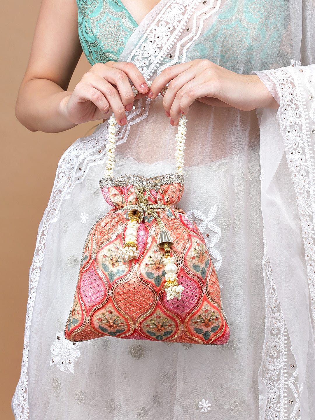 Rubans Pink And Orange Coloured Potlibag With Print And Pearls Handbag & Wallet Accessories