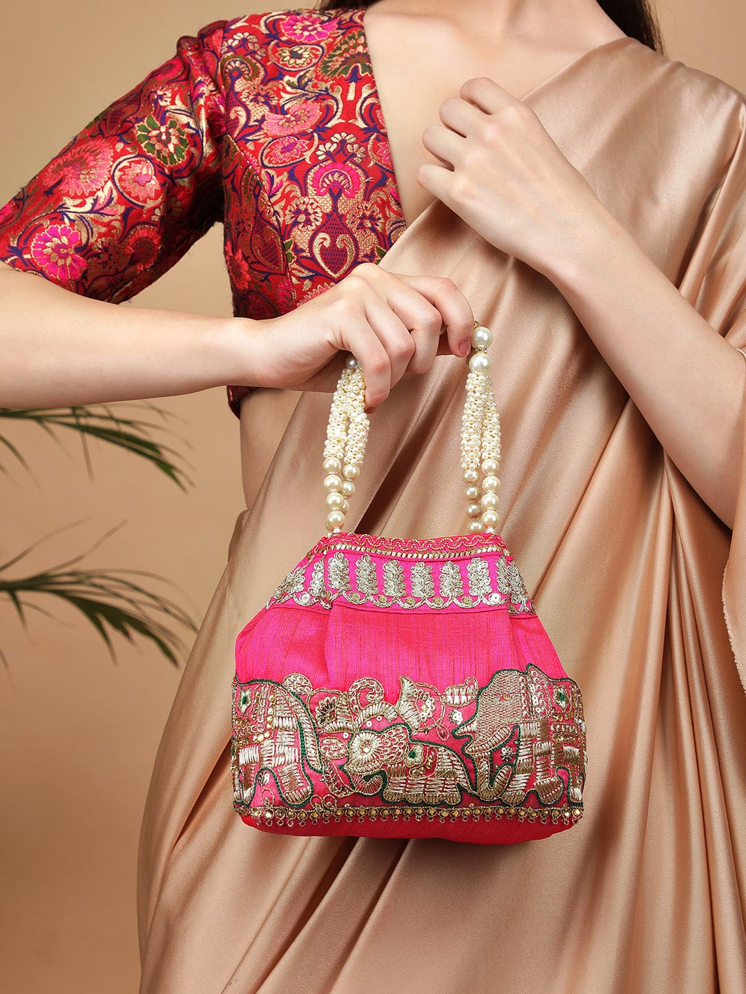 Rubans Pink Coloured Potli Bag With Golden Embroidery Design Handbag & Wallet Accessories