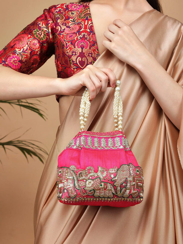 Rubans Pink Coloured Potli Bag With Golden Embroidery Design Handbag & Wallet Accessories