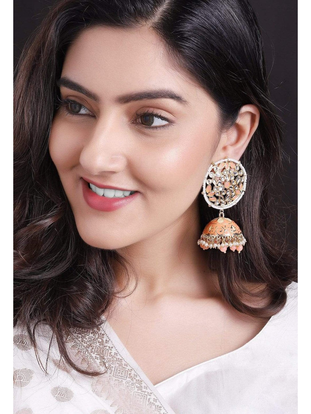 Rubans Pink Enamel & Kundan Handcrafted Gold Plated Jhumka Earrings Earrings