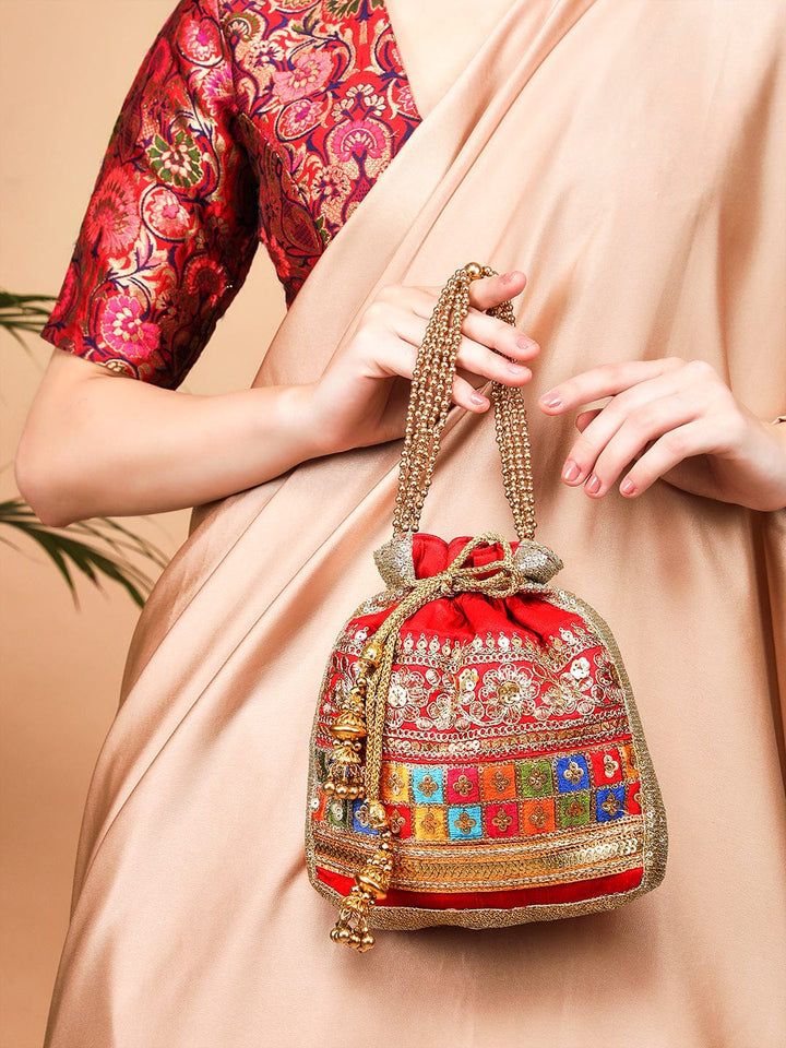 Rubans Red Coloured Potli Bag With Multicoloured And Golden Embroidery Handbag & Wallet Accessories