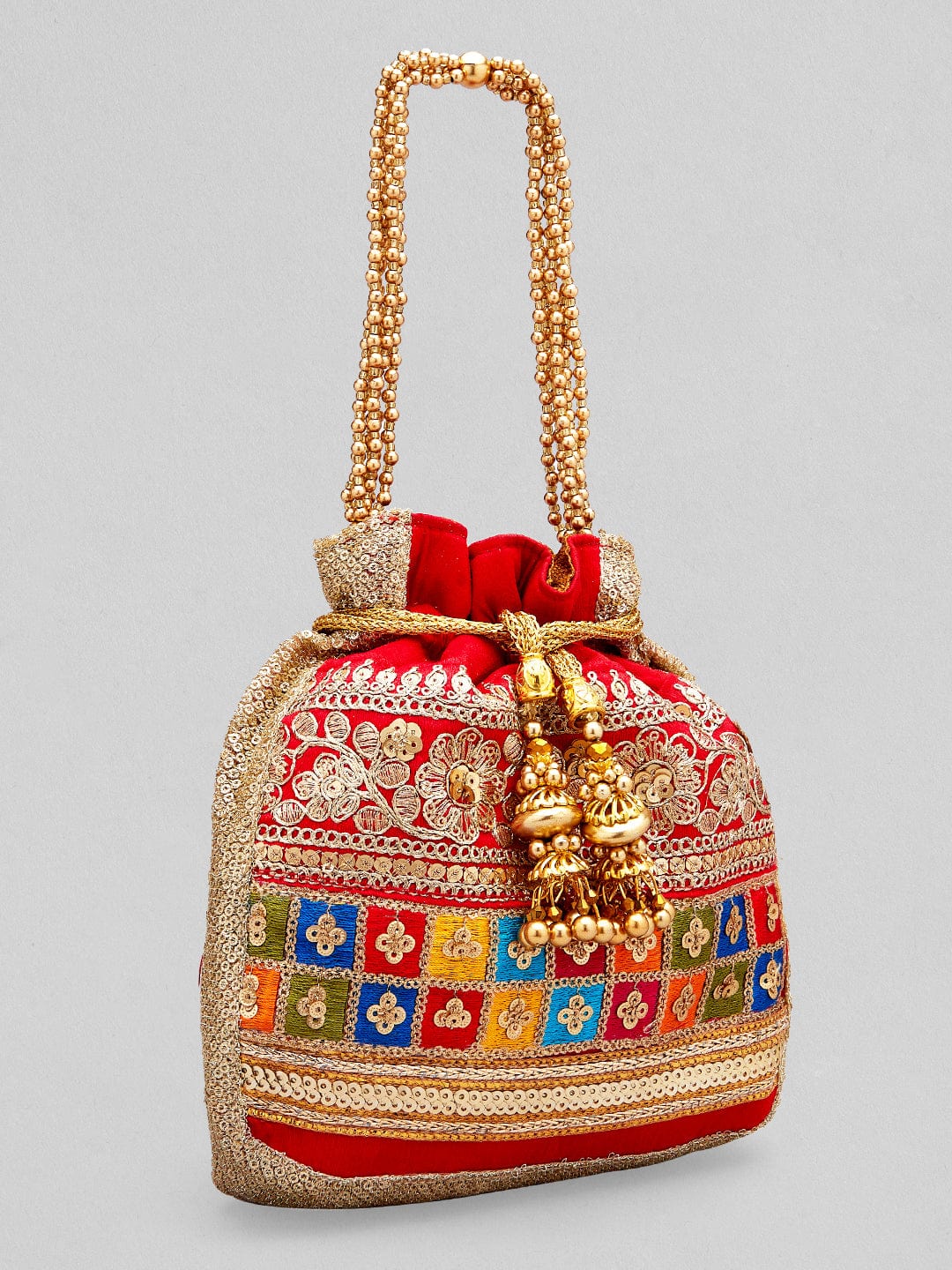 Rubans Red Coloured Potli Bag With Multicoloured And Golden Embroidery Handbag & Wallet Accessories