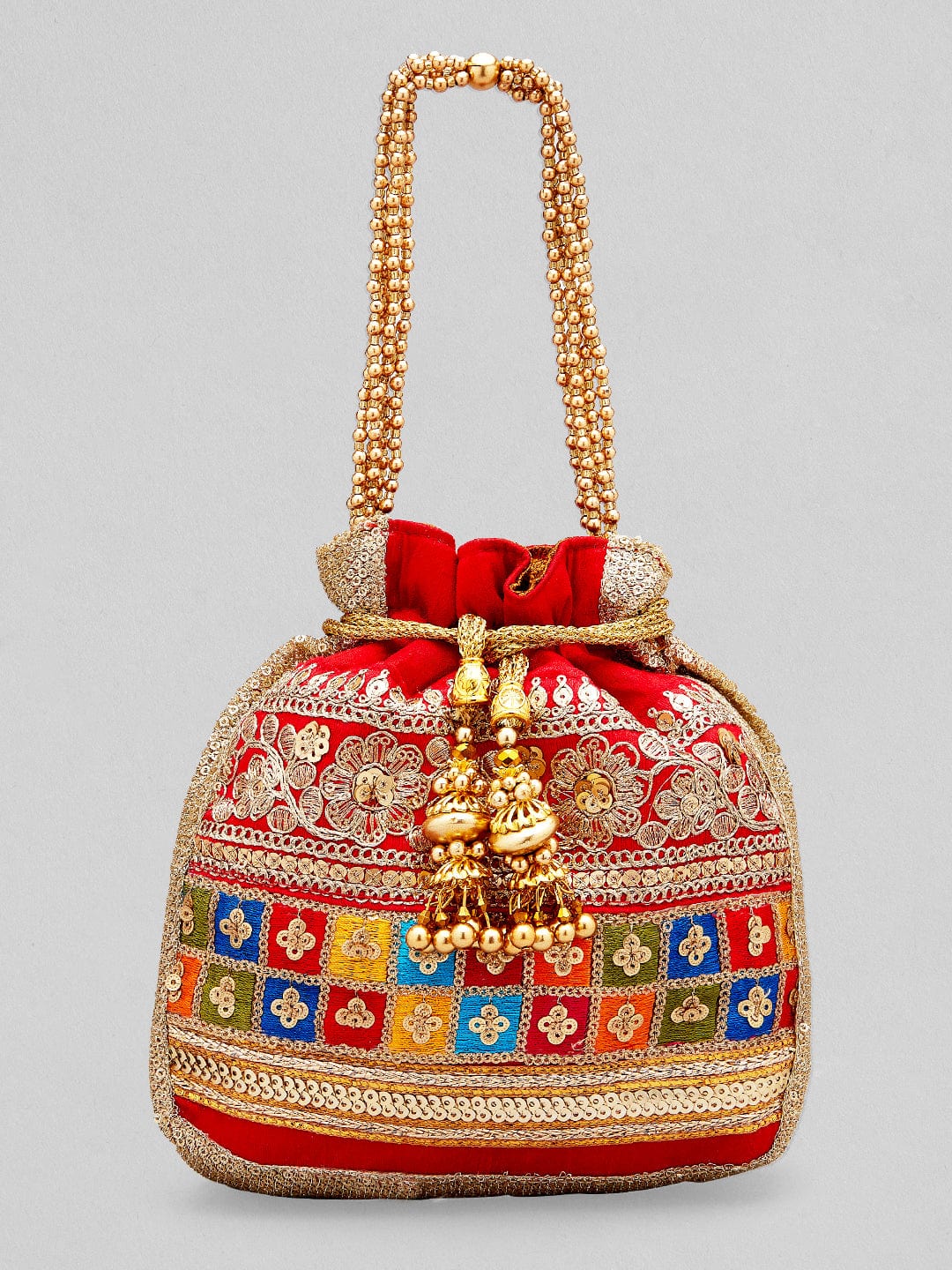 Rubans Red Coloured Potli Bag With Multicoloured And Golden Embroidery Handbag & Wallet Accessories