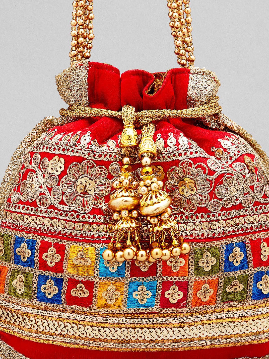 Rubans Red Coloured Potli Bag With Multicoloured And Golden Embroidery Handbag & Wallet Accessories