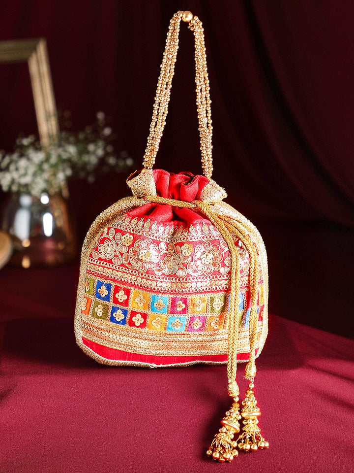 Rubans Red Coloured Potli Bag With Multicoloured And Golden Embroidery Handbag & Wallet Accessories