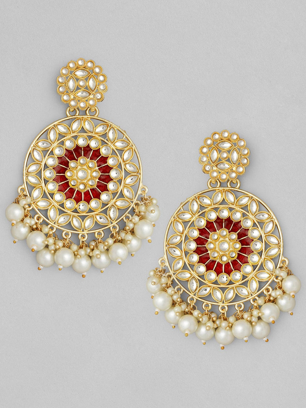 Rubans Red Gold-Plated Kundan Studded  Beaded Handcrafted Drop Earrings Earrings