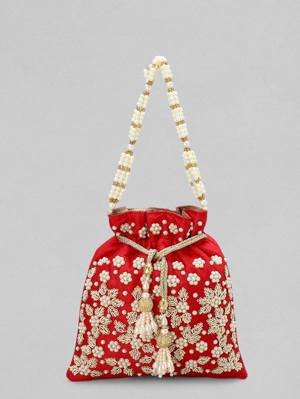 Rubans Red Zariwork Pearl Potli Bag Handbag & Wallet Accessories