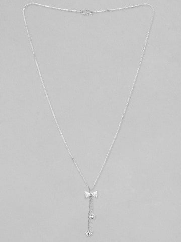Rubans Rhodium Plated, Minimal Chain Bow Motif Zircons Studded Drop Necklace. Chain & Necklaces
